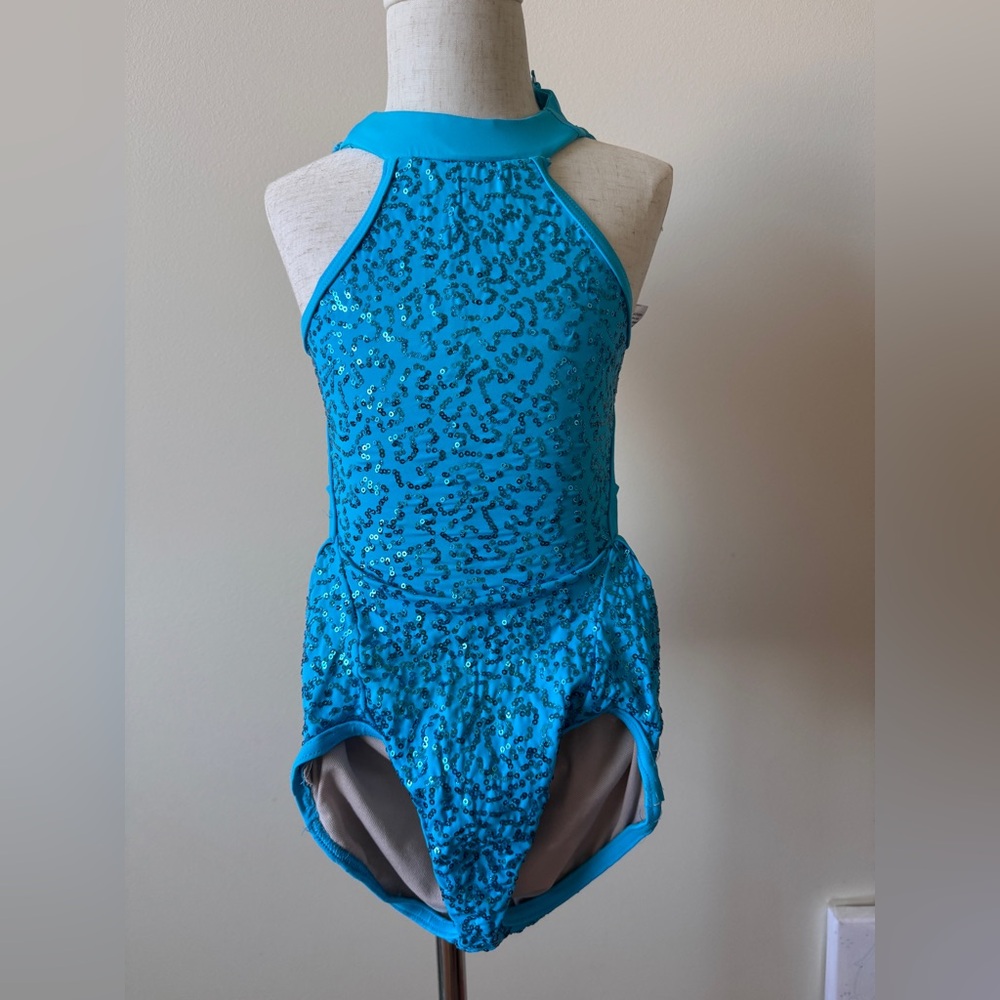 New Girls Blue Sequin Halter Dance Costume